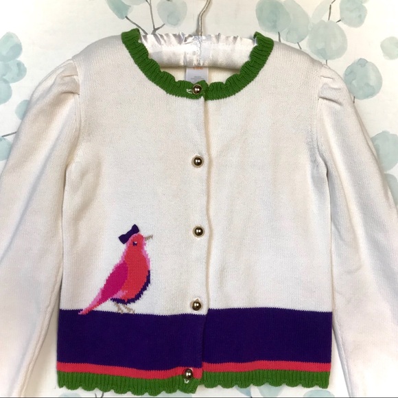 Gymboree Kids Cream Cardigan Knit Sweater Gold Buttons, Pink Bird & Purple Bow - Picture 3 of 13